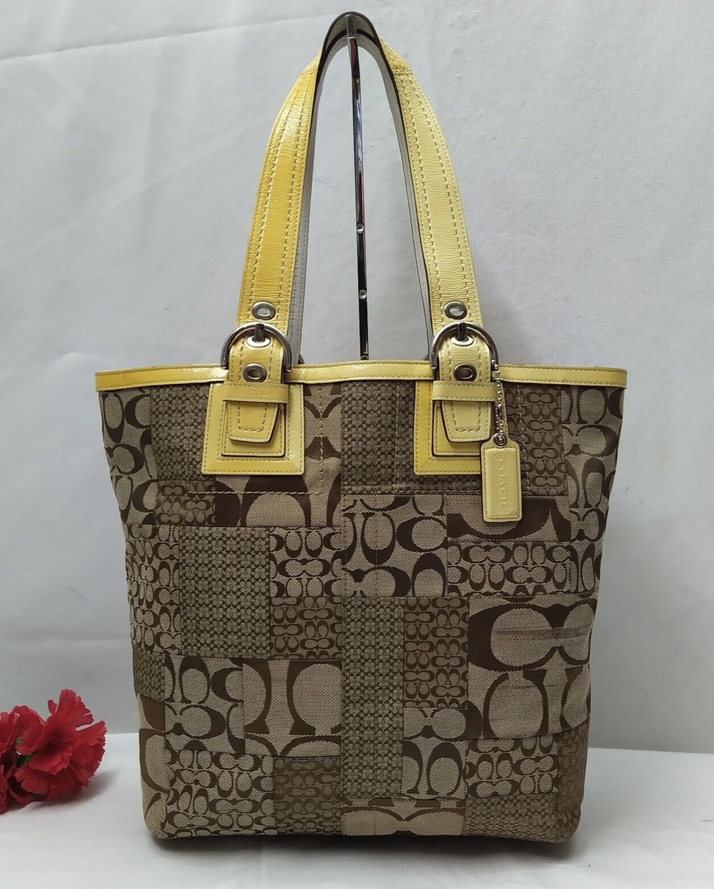 Coach Patchwork Brown Canvas Patent Leather Trim Double Handles Tote Bag